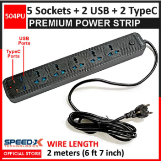 Extension Board with 2 USB Ports + 2 Type C Ports + 5 Sockets Universal Travel Charging Adapter