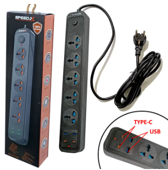 Extension Board with 2 USB Ports + 2 Type C Ports + 5 Sockets Universal Travel Charging Adapter